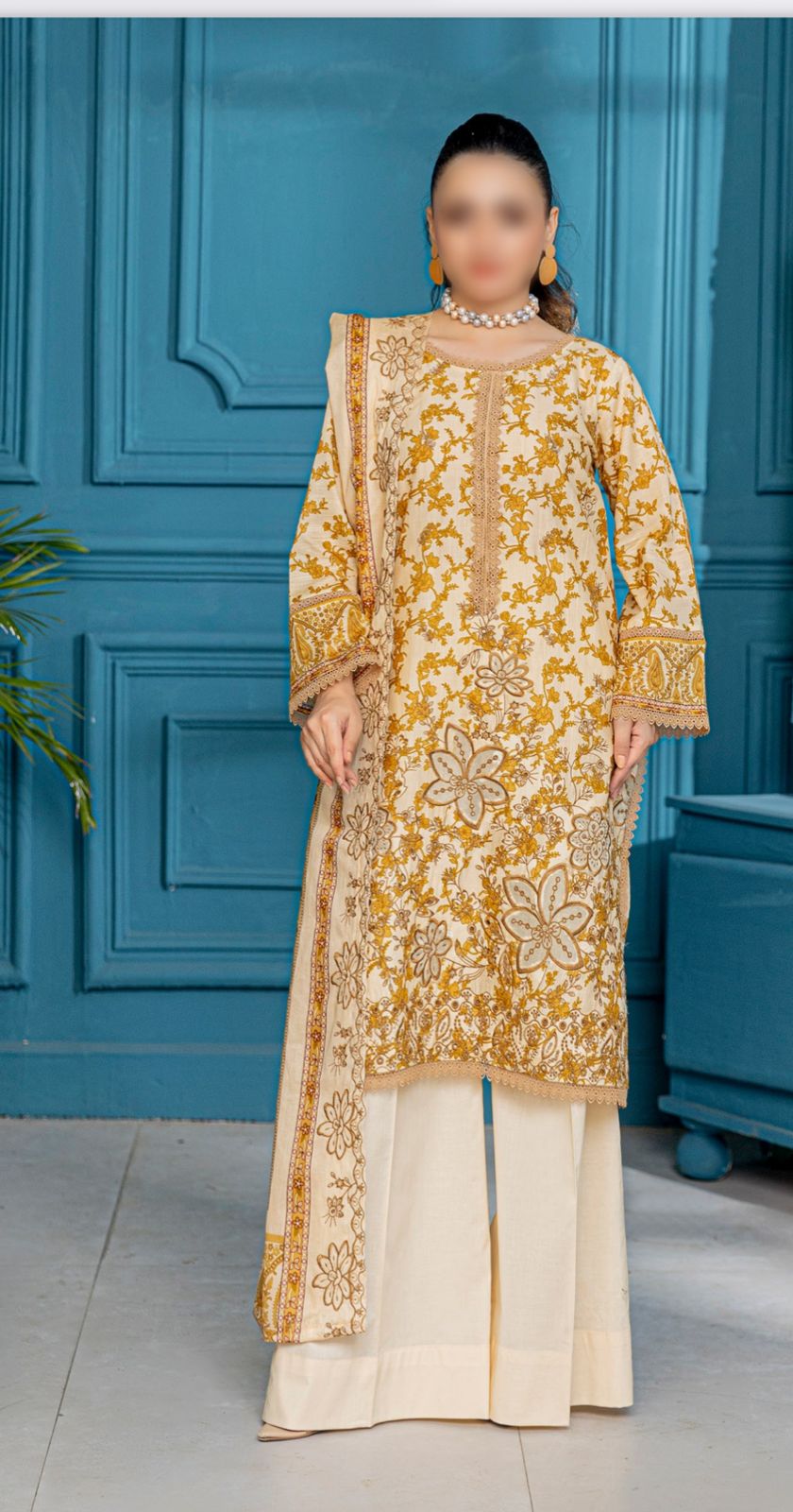 3 pc Embroided printed Slub Lawn