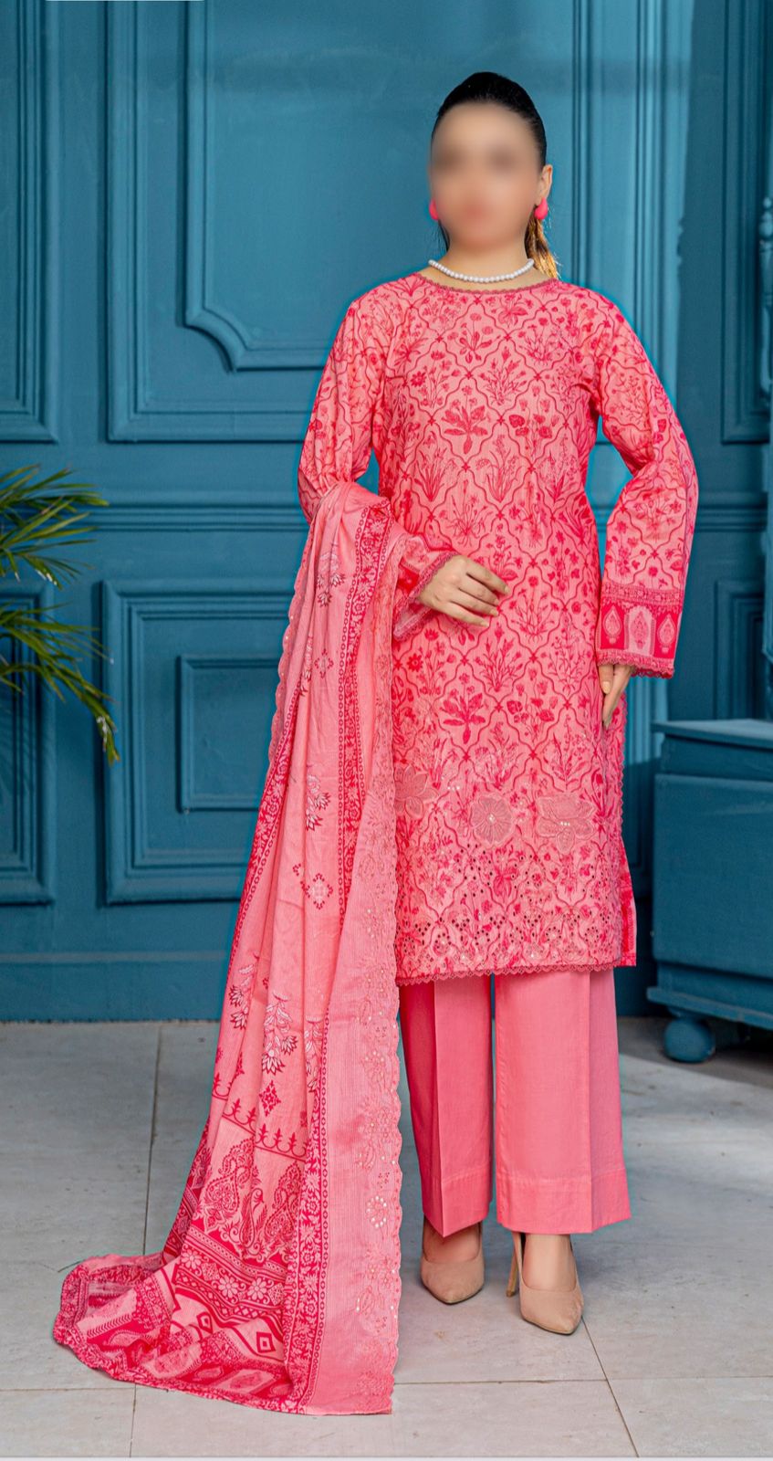 3 pc Embroided printed Slub Lawn