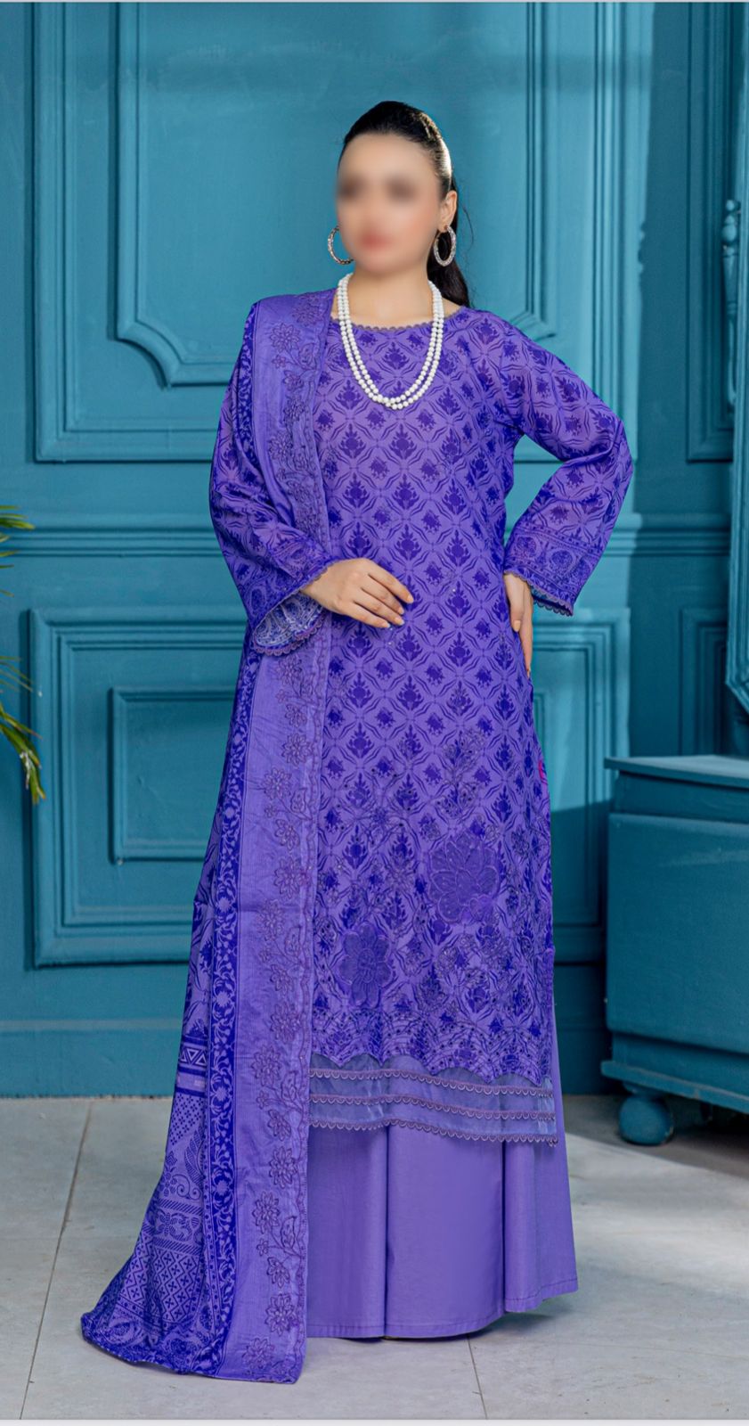 3 pc Embroided printed Slub Lawn