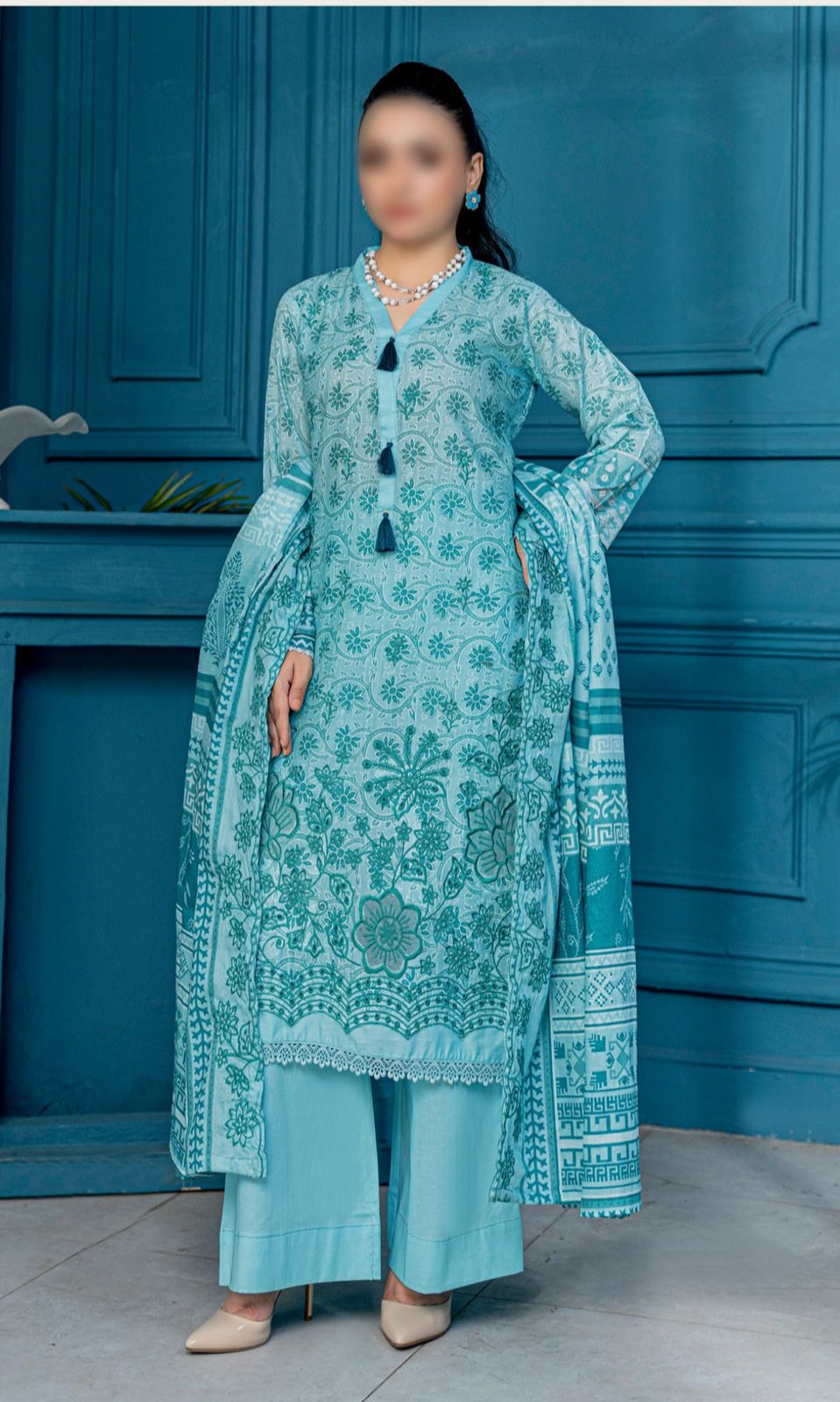 3 pc Embroided printed Slub Lawn