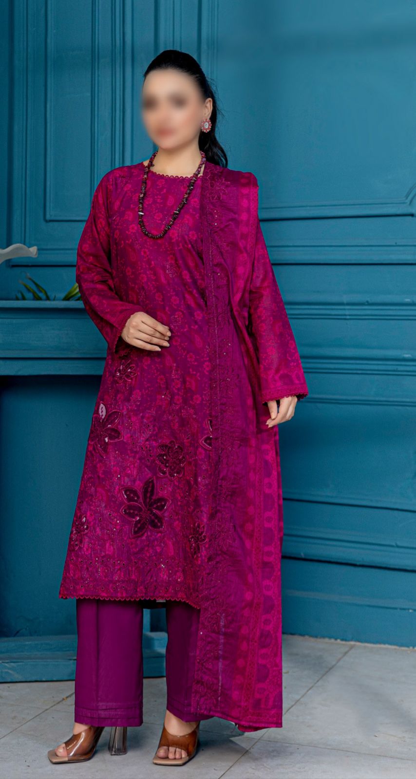 3 pc Embroided printed Slub Lawn