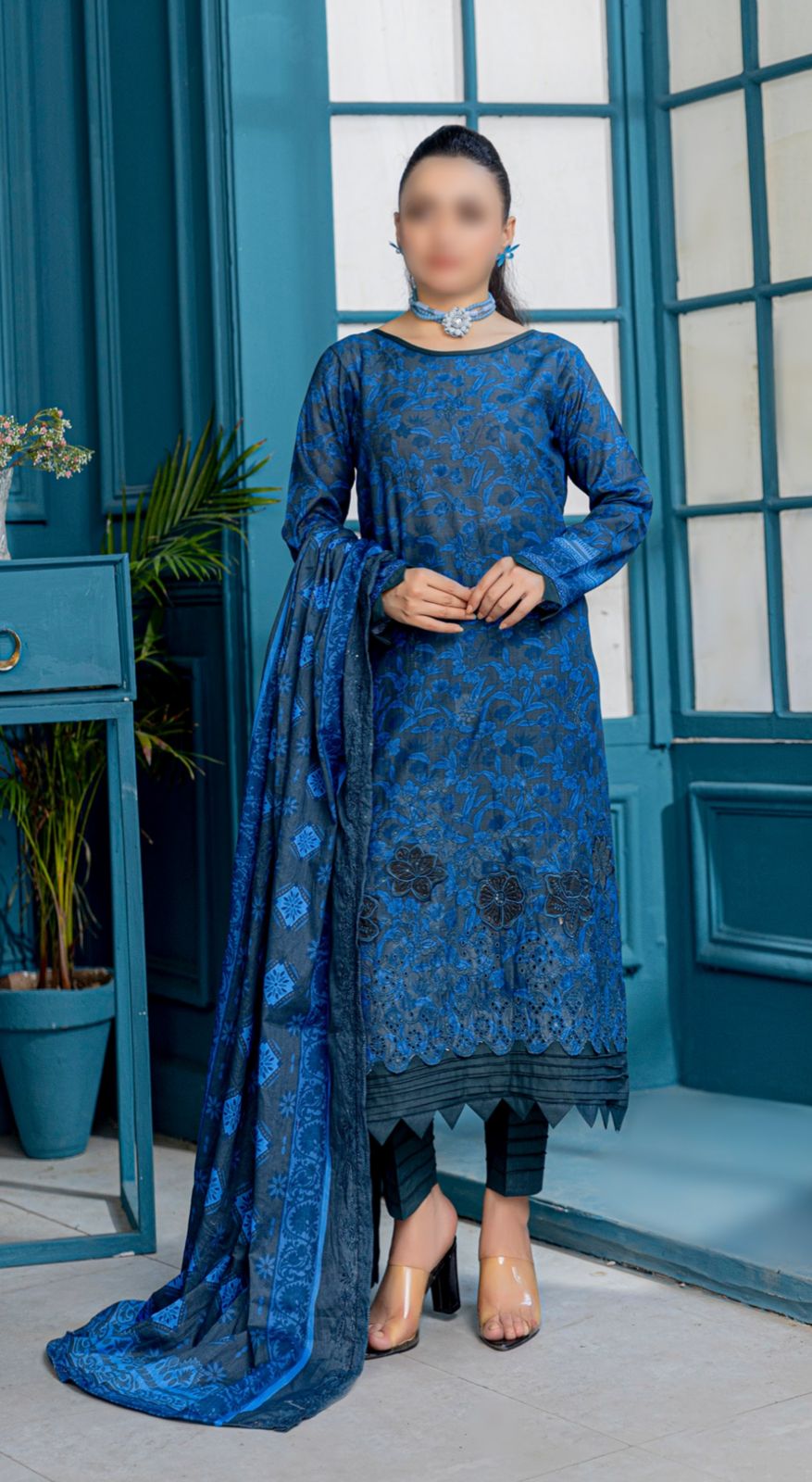 3 pc Embroided printed Slub Lawn
