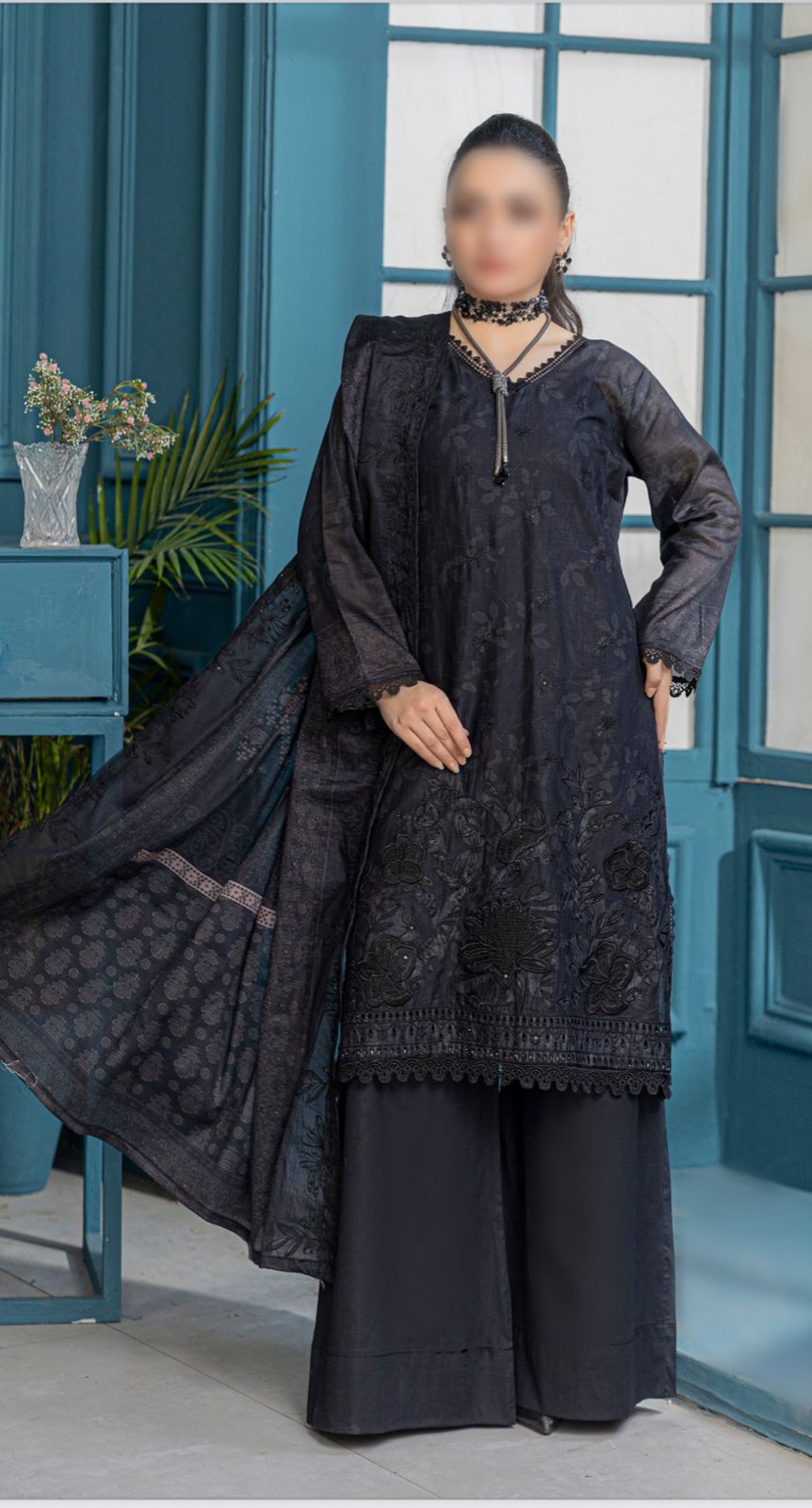 3 pc Embroided printed Slub Lawn