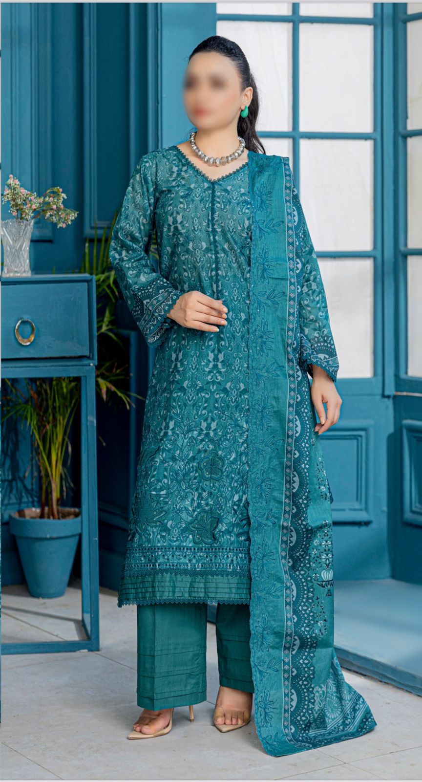 3 pc Embroided printed Slub Lawn